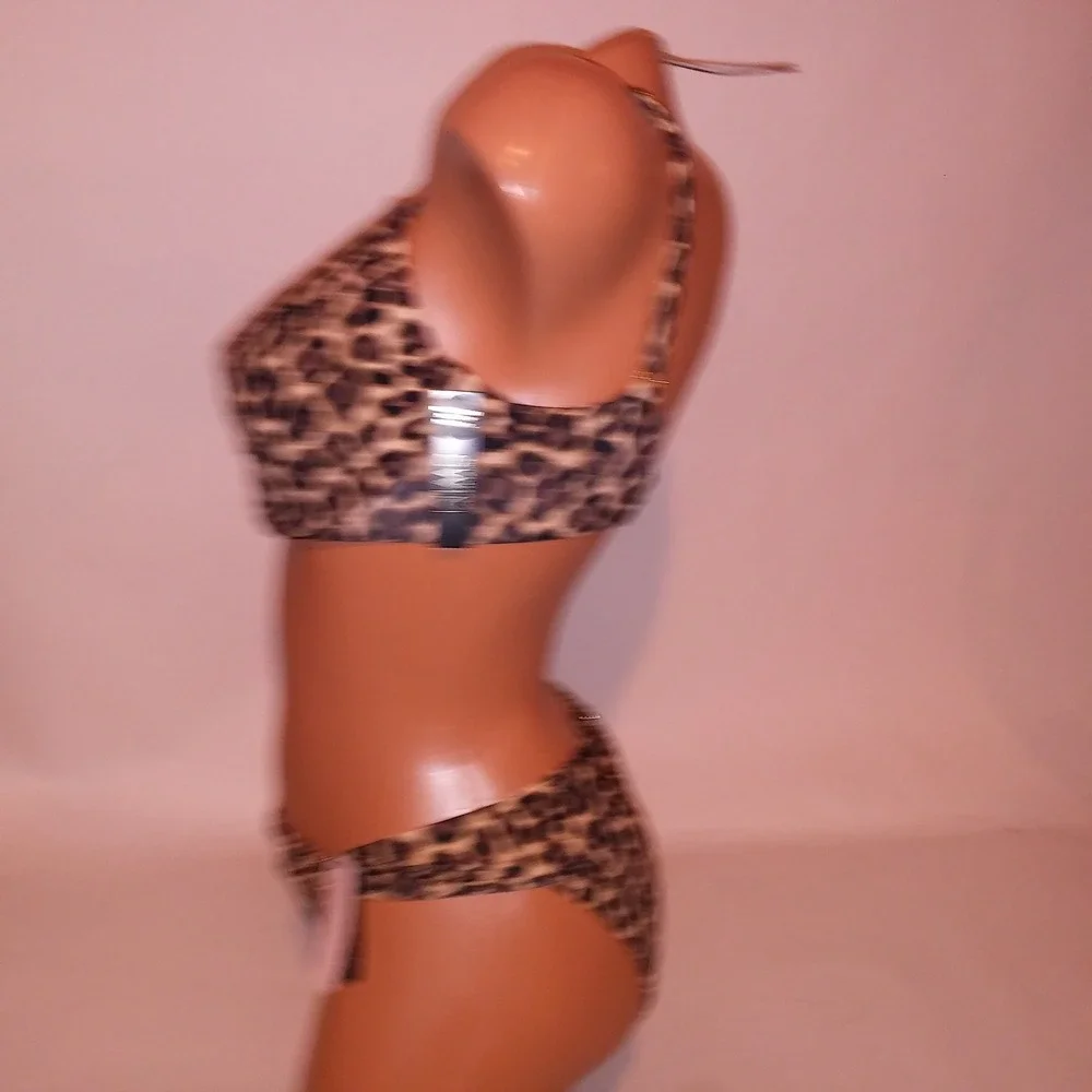 Victoria Secret Swim Bikini 34DD Top Small Bottom Push Up Black Brown Leopard